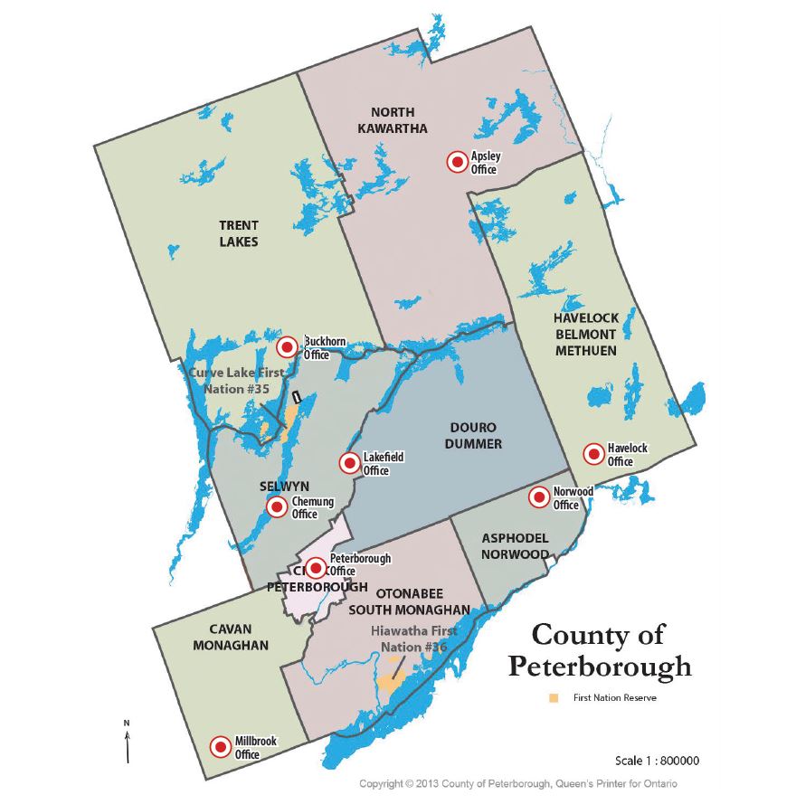 Map of the City and County of Peterborough Ontario along with the 2 First Nations of Curve Lake and Hiawatha Ontario.  This is the service area of Community Care Peterborough