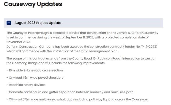 August 2023 Updates for closures on Chemong Bridge